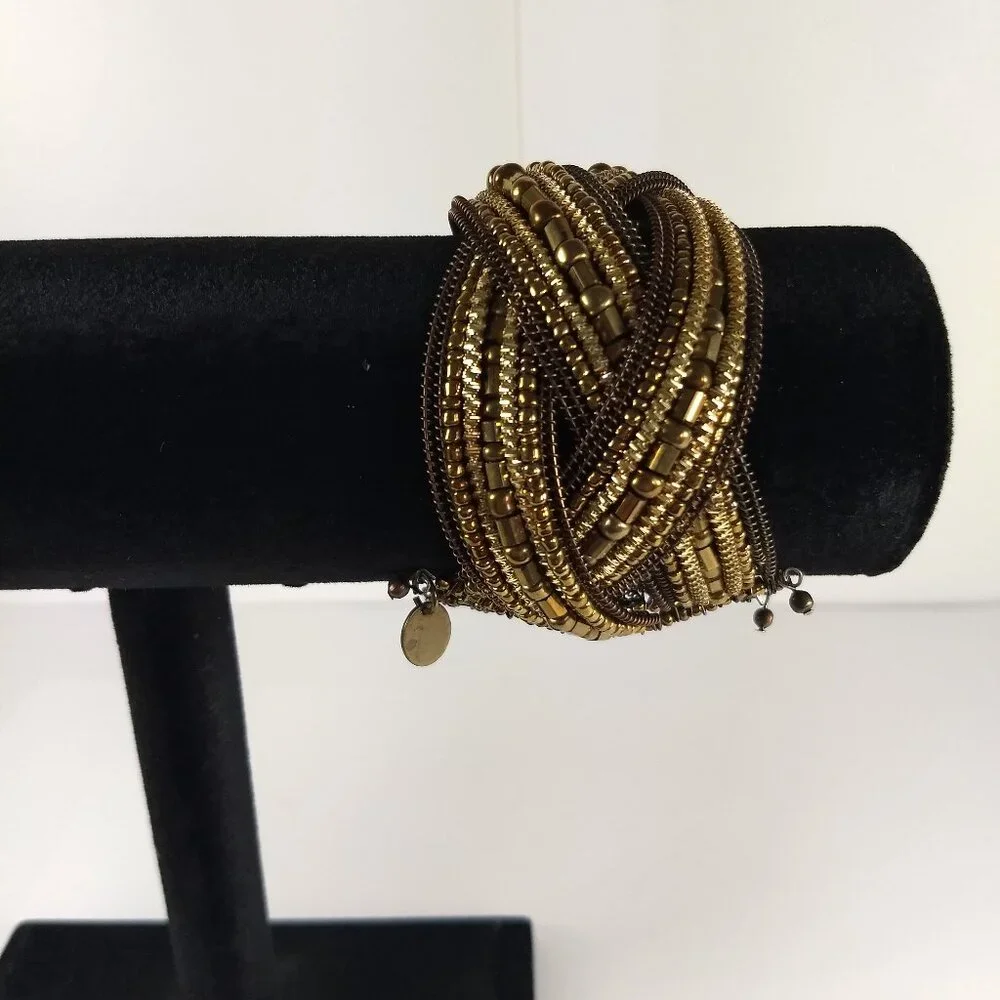 Bala Booste Woven Seed Bead Cuff Bracelet Statement Modern Beaded Gold & Brown